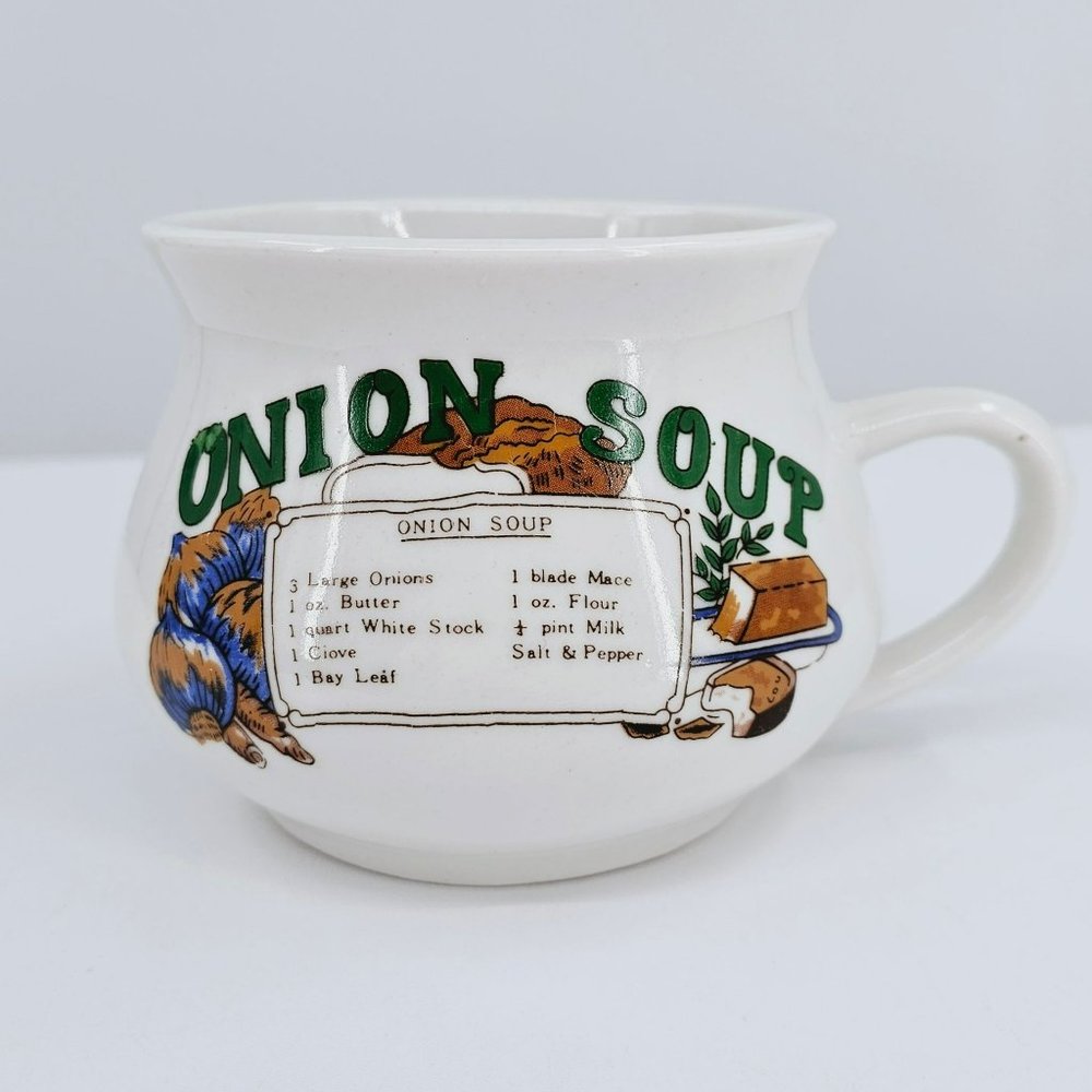 Onion Soup Mug VTG Recipe Individual Serving Bowl Cup White Green 18oz Kitschy